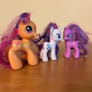 3 My Little Pony Tinsel Hair Figures Hasbro Rarity, Twilight Sparkle & Scootaloo